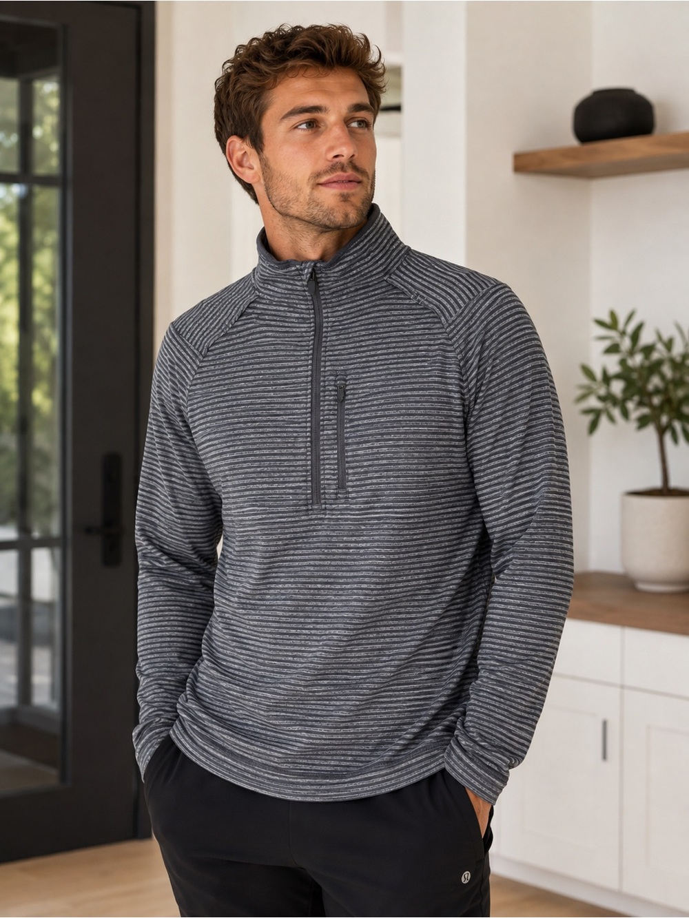Lululemon Mens Medium Men's Gray Striped Quarter-Zip Pullover Jacket